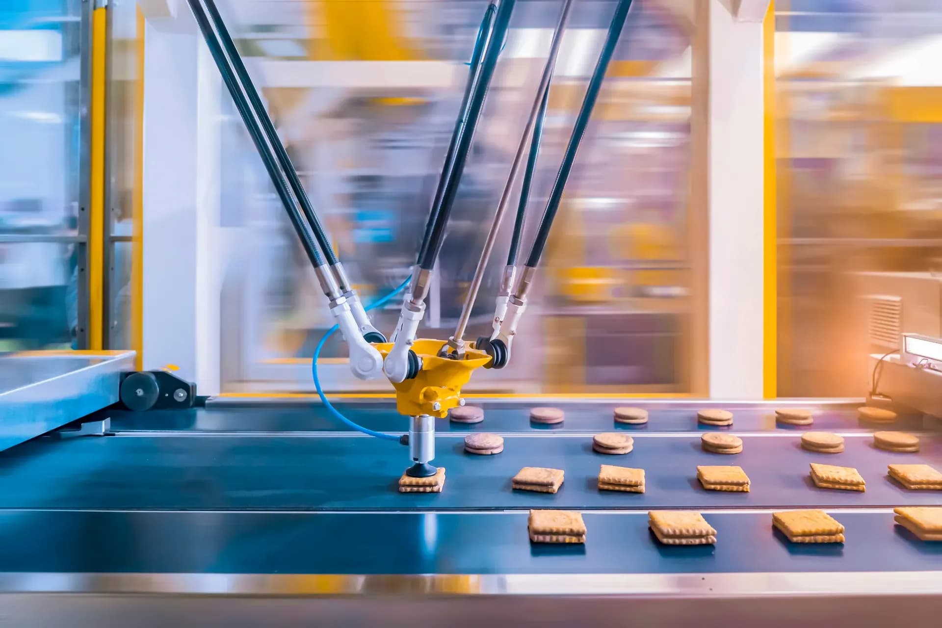 Robot delta emballant des biscuits sur une ligne de production