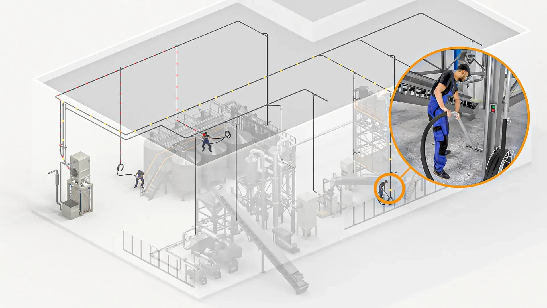 Schaubild einer zentralen Staubsauganlage mit Rohrnetz und Reinigungsstellen in der Halle